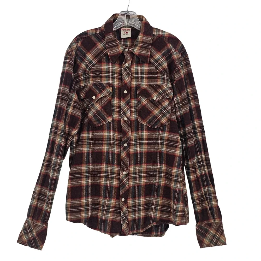 True Religion Western Pearl Snap Shirt XL Brown Plaid Urban Cowboy Americana